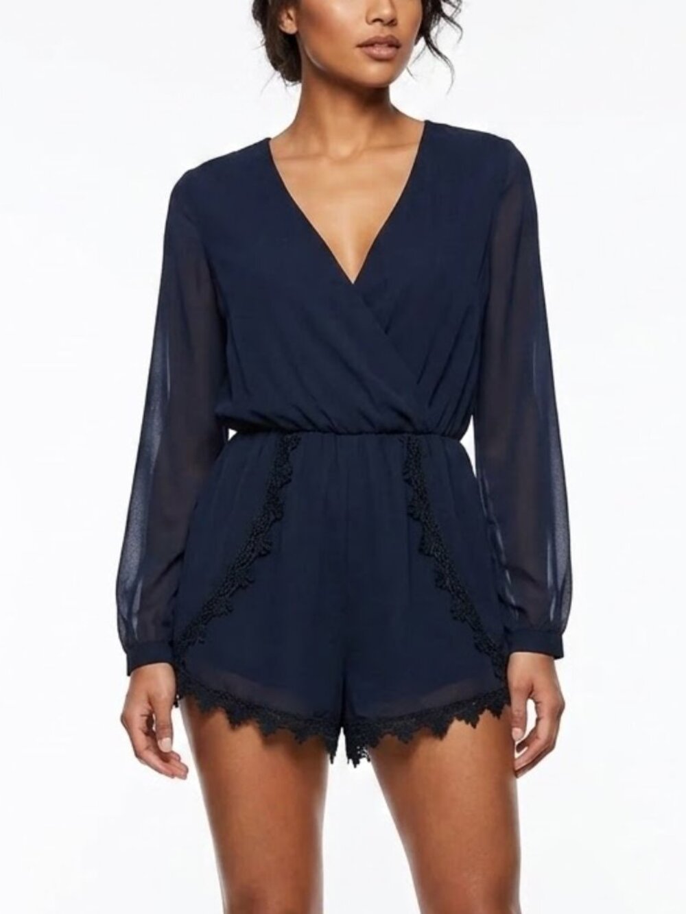 ASTR the Label Goth Romantic Lace Trim Romper Sheer Bell Sleeve Black Medium
